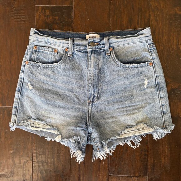 Pistola Shorts Women's 29 Light Wash Distressed High Rise Relaxed Denim - Picture 2 of 12